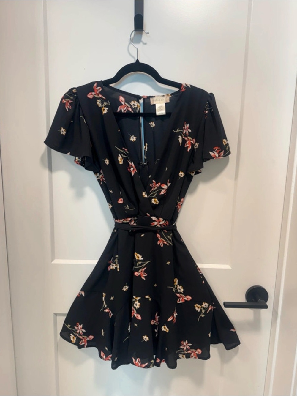 Altar'd State Black Floral Wrap Mini Dress with Belt